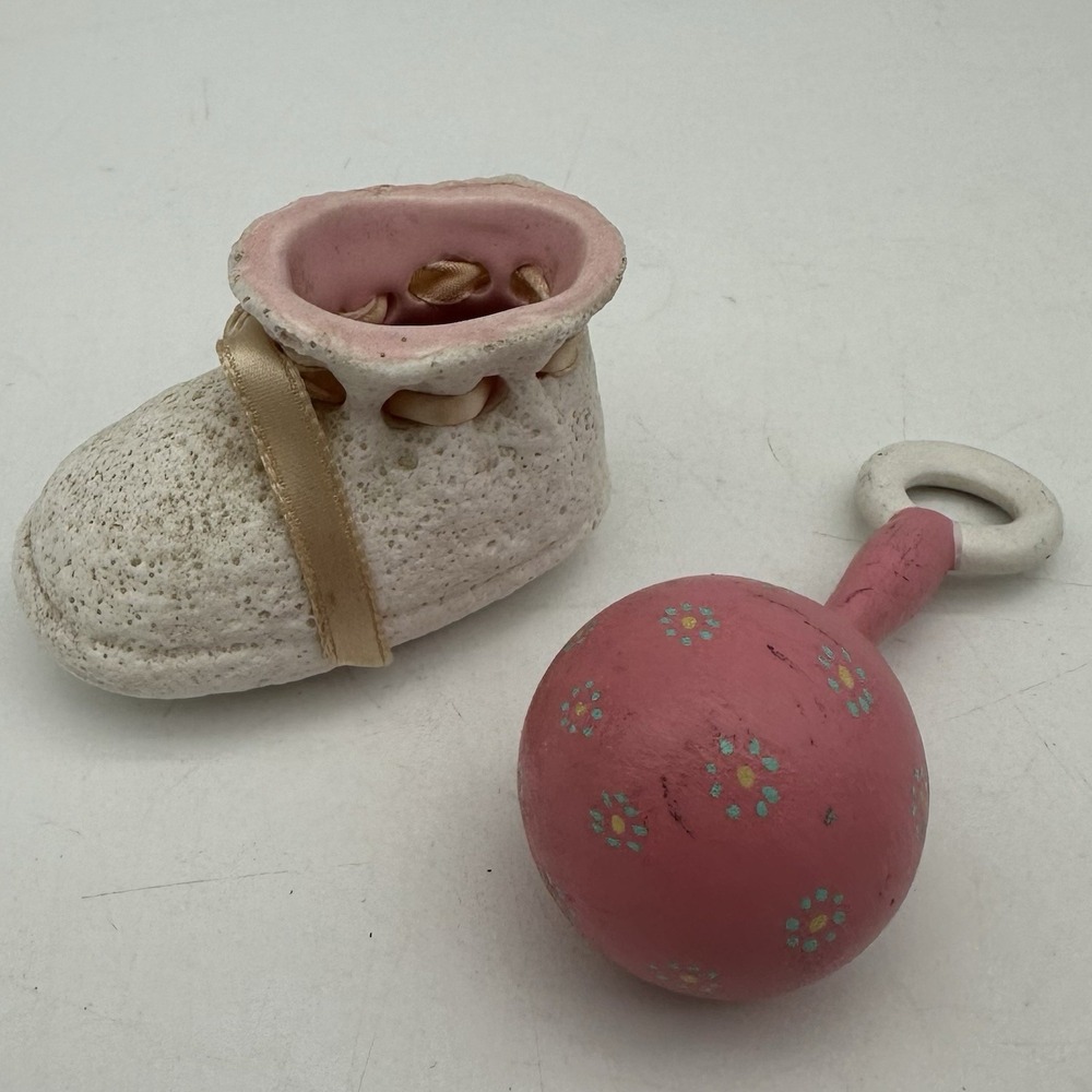 Vintage Ceramic White & Pink Baby Shoe And Pink Rattle Nursery Decorations 3"